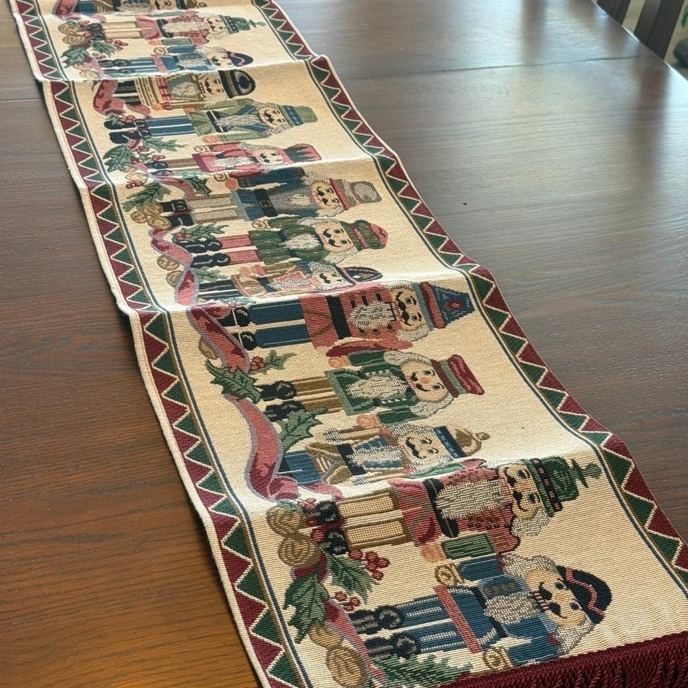 Christmas Table Runner 70x12.5 Nutcracker Woven Tapestry Red Fringe Holiday EUC